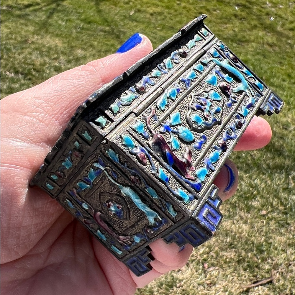 Antique Chinese Silver Plated Blue Purple Enamel Stamp Box Trinket Box - Picture 7 of 17